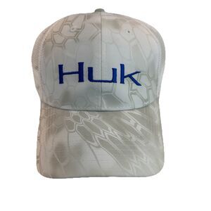 HUK Hat Snapback Cap Mens Gray White Fishing Outdoor Deep Sea Mesh Back
